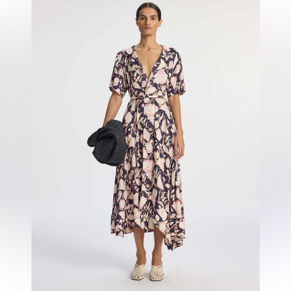 A.L.C. Emery Maritime Midi Dress Navy Multi Floral Asymmetric Belted Romantic 2 - Picture 1 of 16
